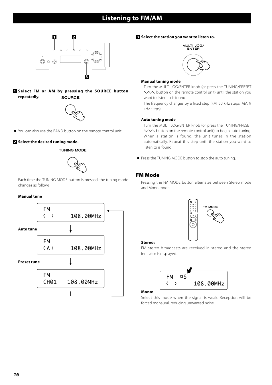 Listening to fm/am | Teac AG-H600NT User Manual | Page 16 / 96