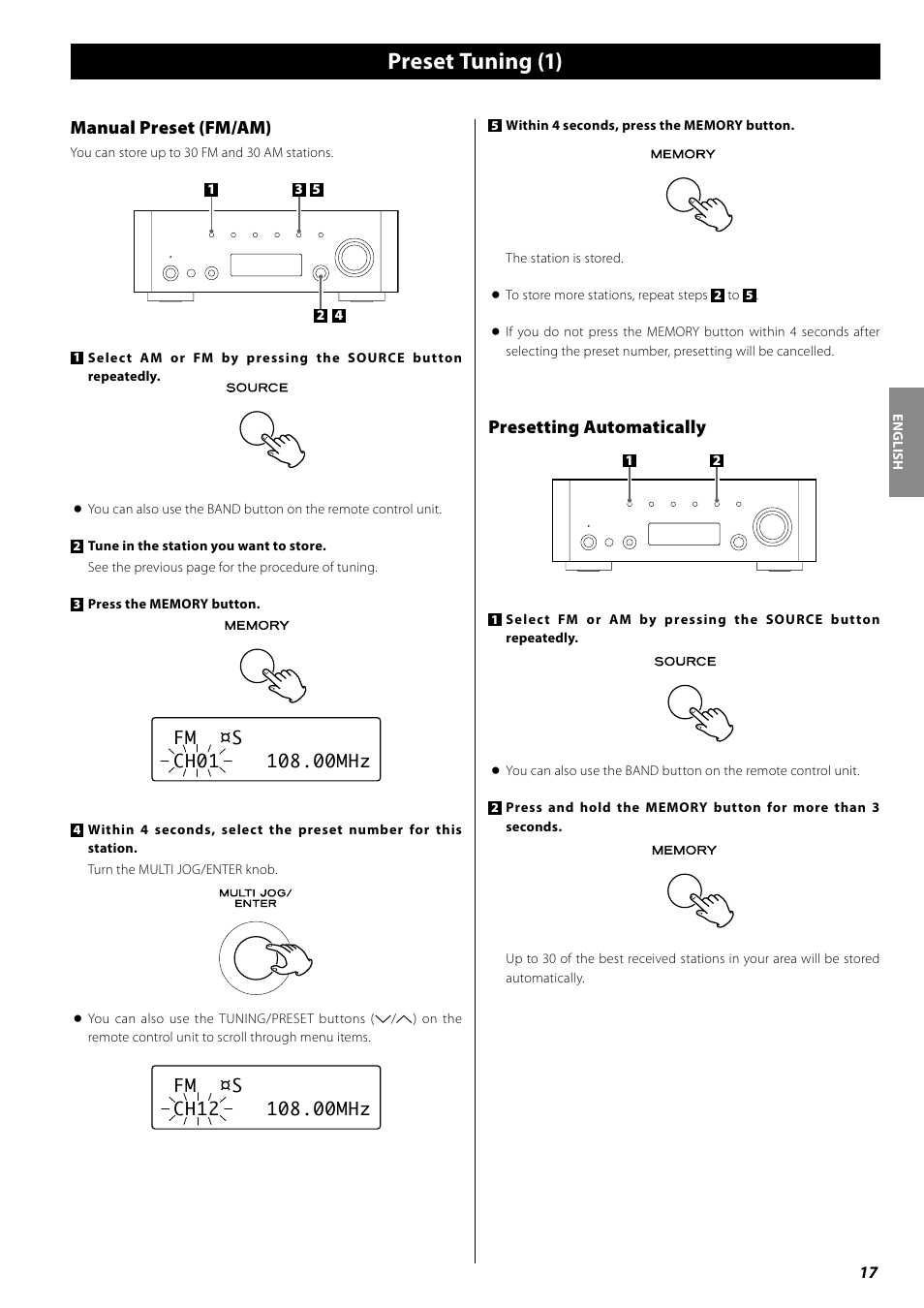 Preset tuning, Preset tuning (1), Presetting automatically | Manual preset (fm/am) | Teac AG-H600NT User Manual | Page 17 / 96