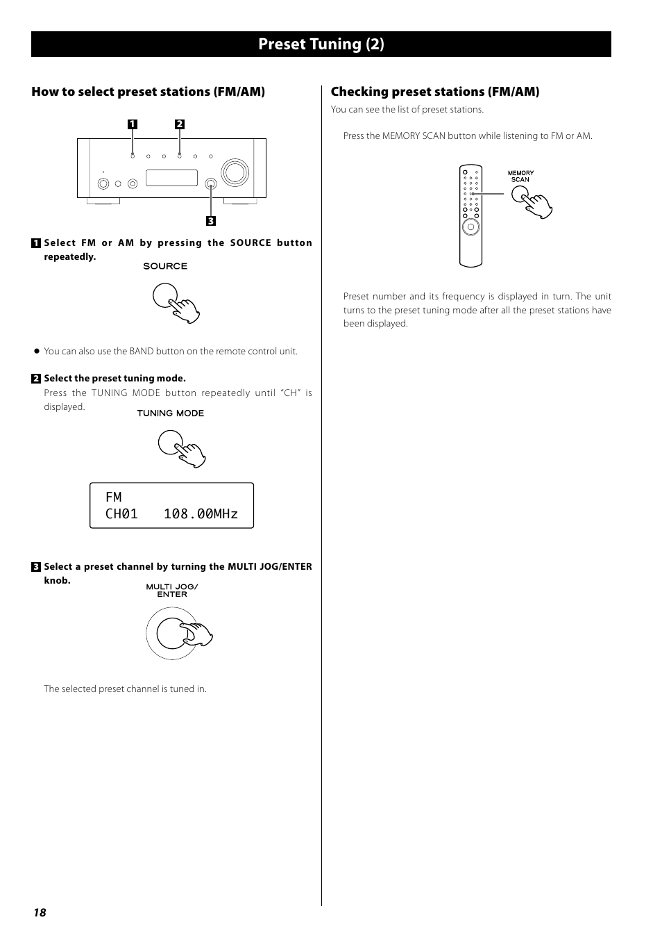 Preset tuning (2), Checking preset stations (fm/am), How to select preset stations (fm/am) | Teac AG-H600NT User Manual | Page 18 / 96