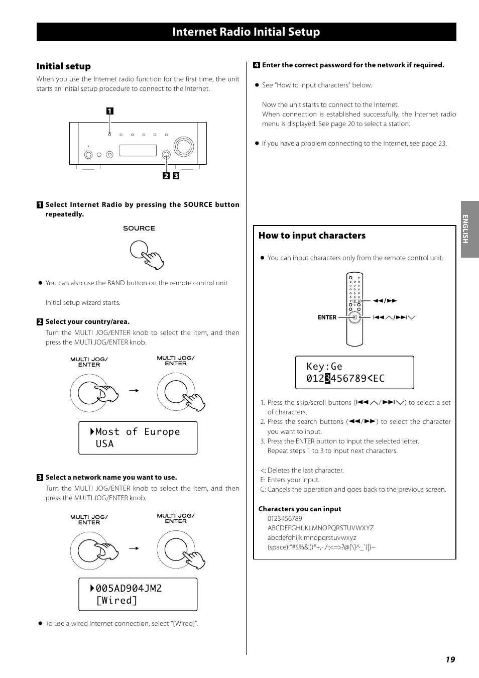 Internet radio initial setup, Listening to internet radio, Initial setup | How to input characters | Teac AG-H600NT User Manual | Page 19 / 96