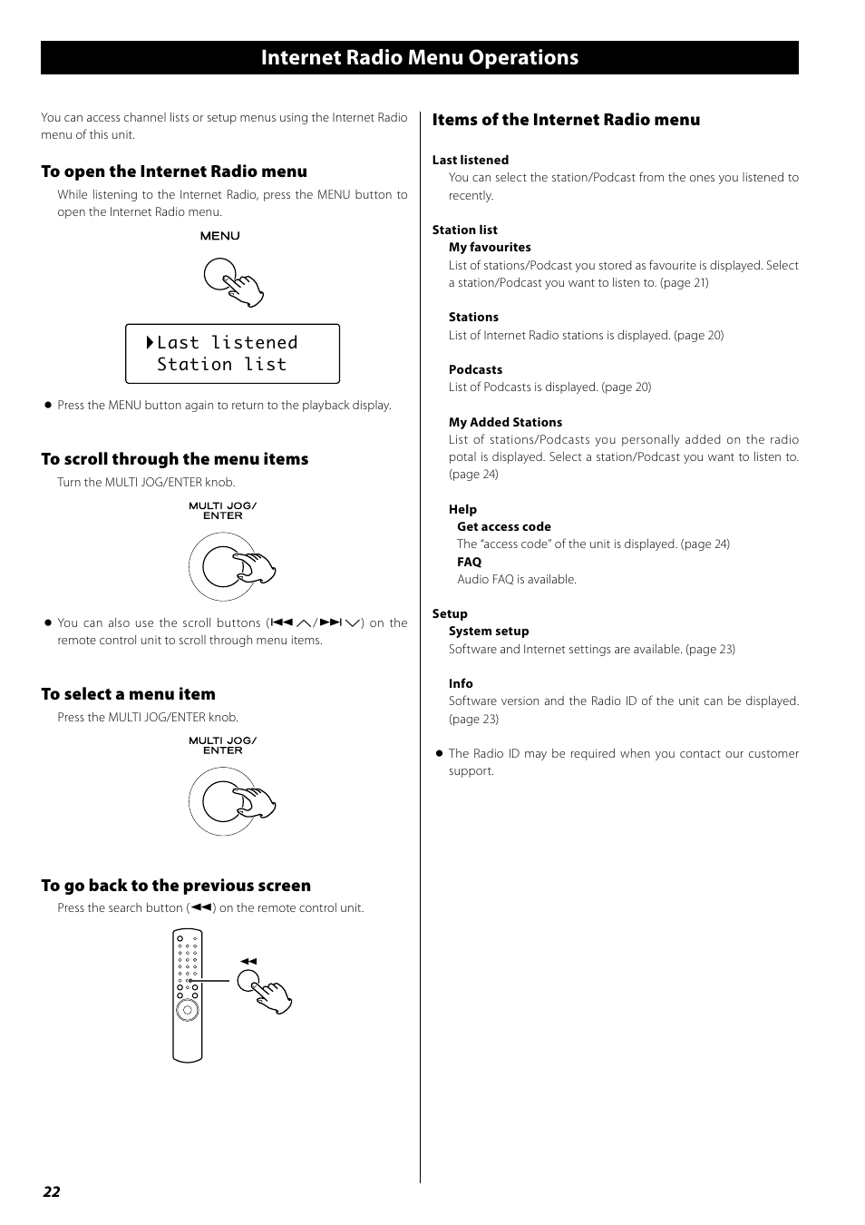 Internet radio menu operations, Network configuration, Items of the internet radio menu | Teac AG-H600NT User Manual | Page 22 / 96