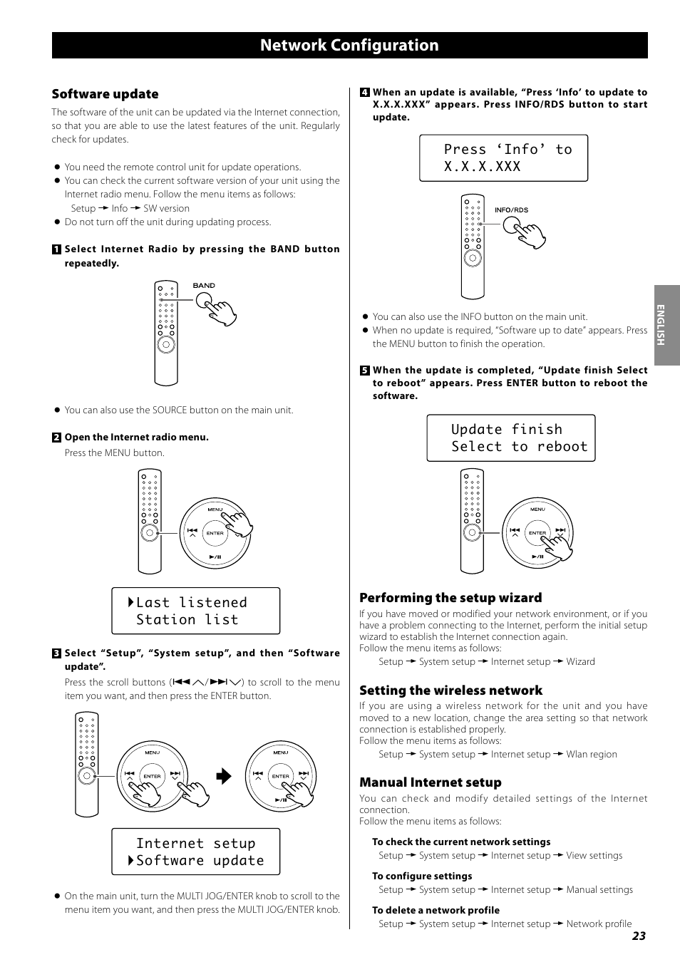 Network configuration, Software update, Performing the setup wizard | Setting the wireless network, Manual internet setup | Teac AG-H600NT User Manual | Page 23 / 96