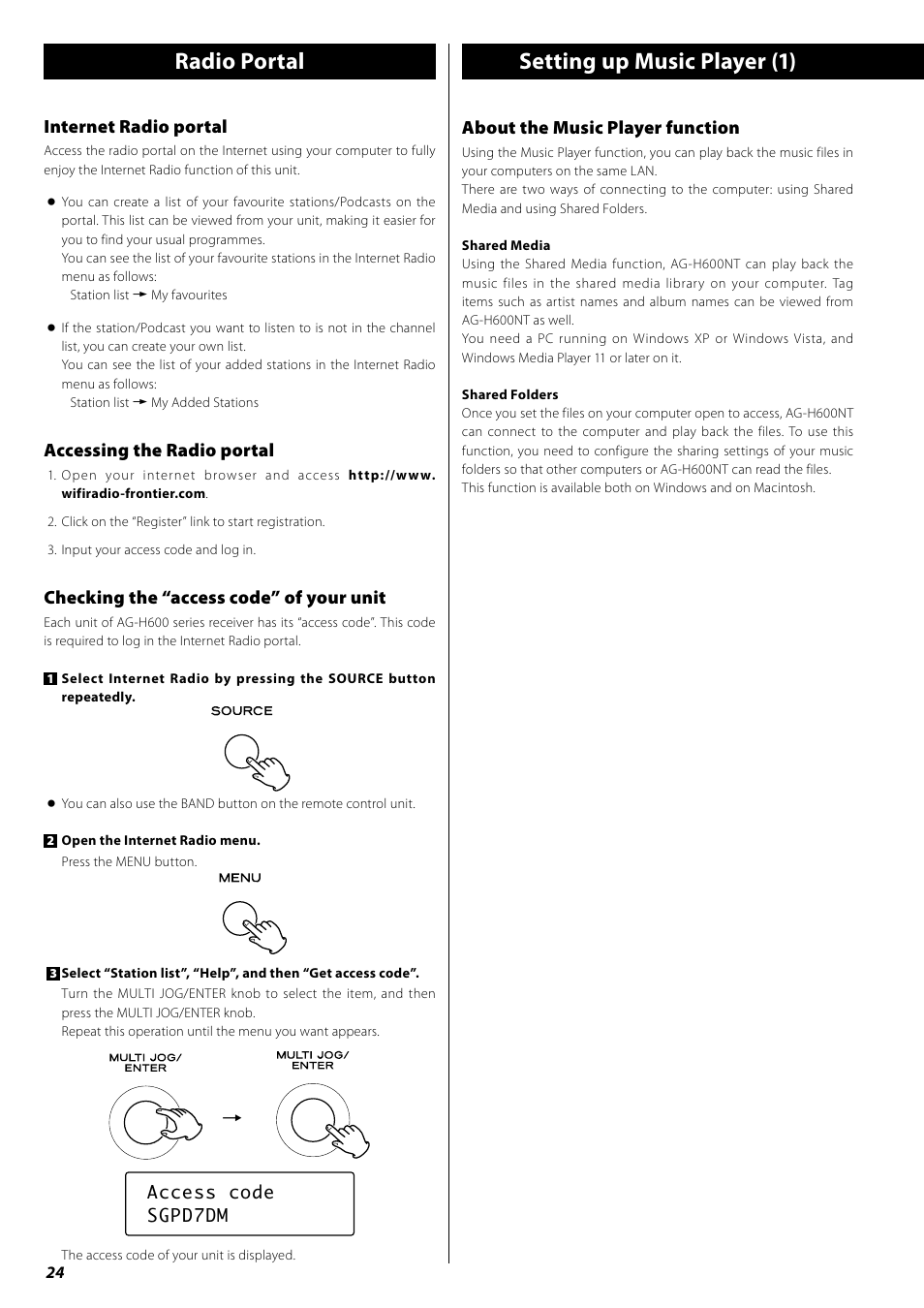 Radio portal, Setting up music player, Setting up music player (1) | Internet radio portal, Accessing the radio portal, Checking the “access code” of your unit, Tabout the music player function | Teac AG-H600NT User Manual | Page 24 / 96