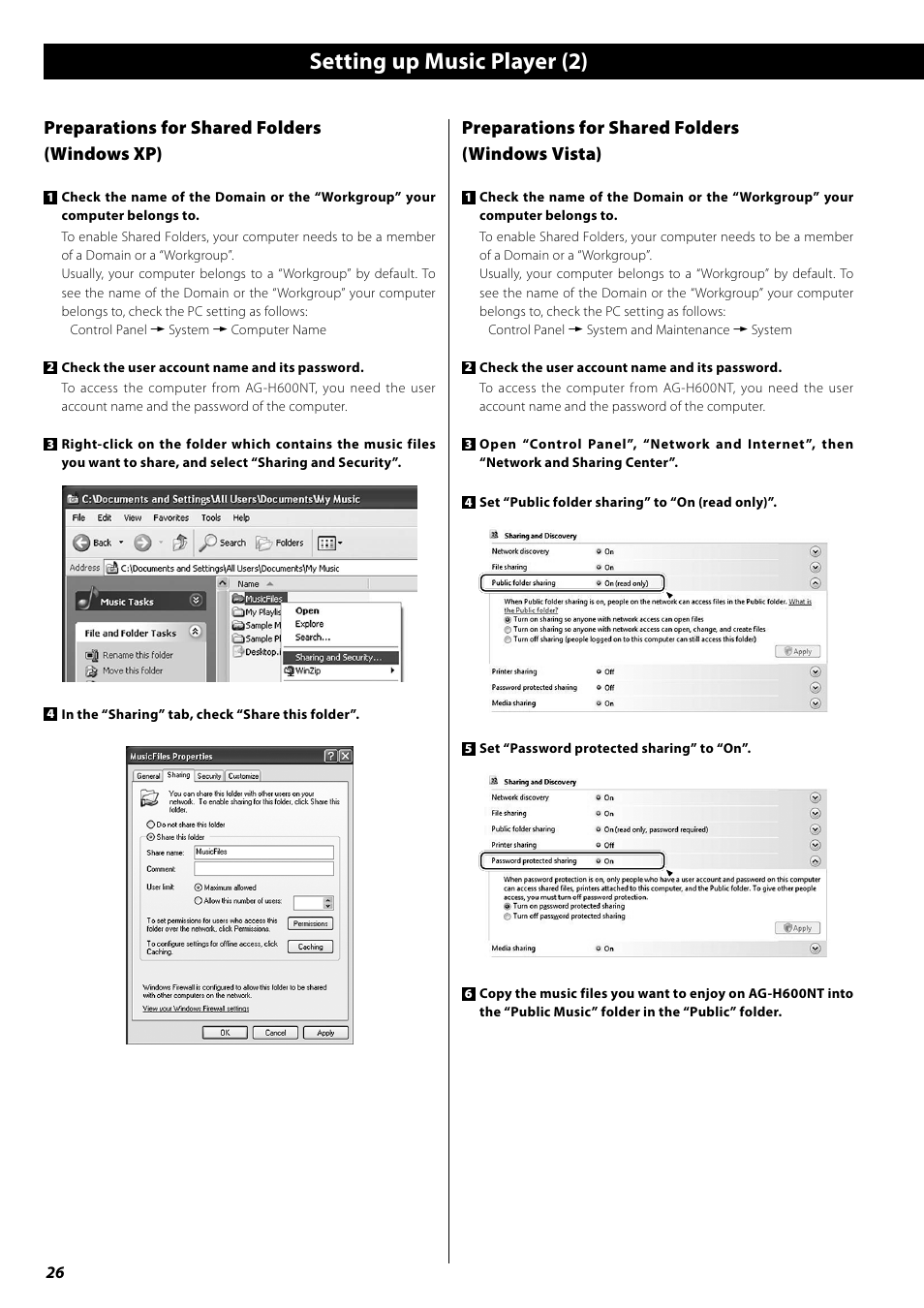 Setting up music player (2), Preparations for shared folders (windows vista), Preparations for shared folders (windows xp) | Teac AG-H600NT User Manual | Page 26 / 96