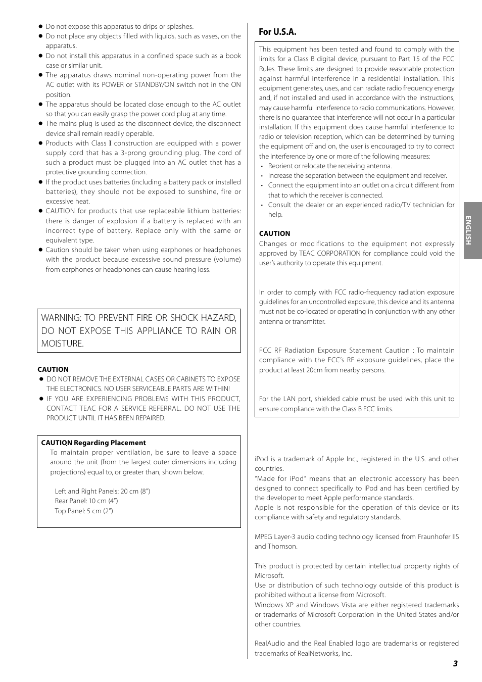 For u.s.a | Teac AG-H600NT User Manual | Page 3 / 96