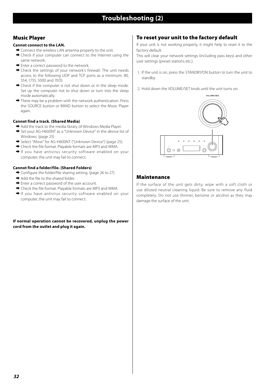 Troubleshooting (2), Maintenance, Music player | Teac AG-H600NT User Manual | Page 32 / 96