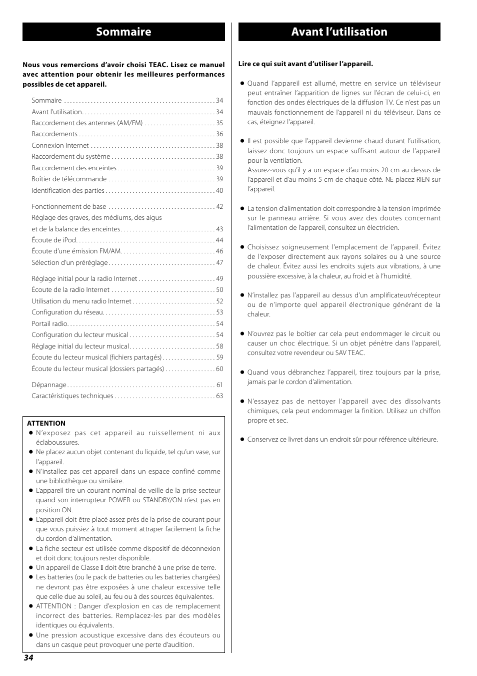 Mode d’emploi, Sommaire, Avant l’utilisation | Teac AG-H600NT User Manual | Page 34 / 96