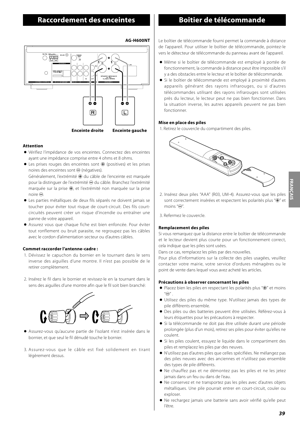 Raccordement des enceintes, Boîtier de télécommande, Boîtier de télécommande raccordement des enceintes | Teac AG-H600NT User Manual | Page 39 / 96