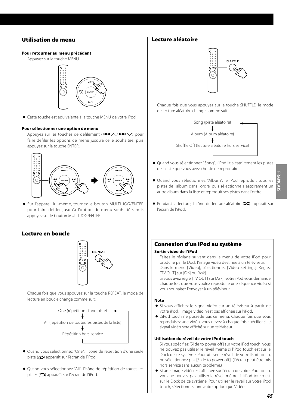 Lecture aléatoire, Utilisation du menu, Lecture en boucle | Connexion d’un ipod au système | Teac AG-H600NT User Manual | Page 45 / 96