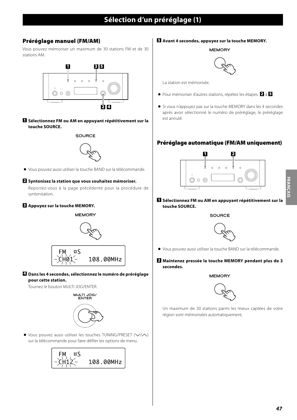 Sélection d’un préréglage, Sélection d’un préréglage (1), Préréglage automatique (fm/am uniquement) | Préréglage manuel (fm/am) | Teac AG-H600NT User Manual | Page 47 / 96