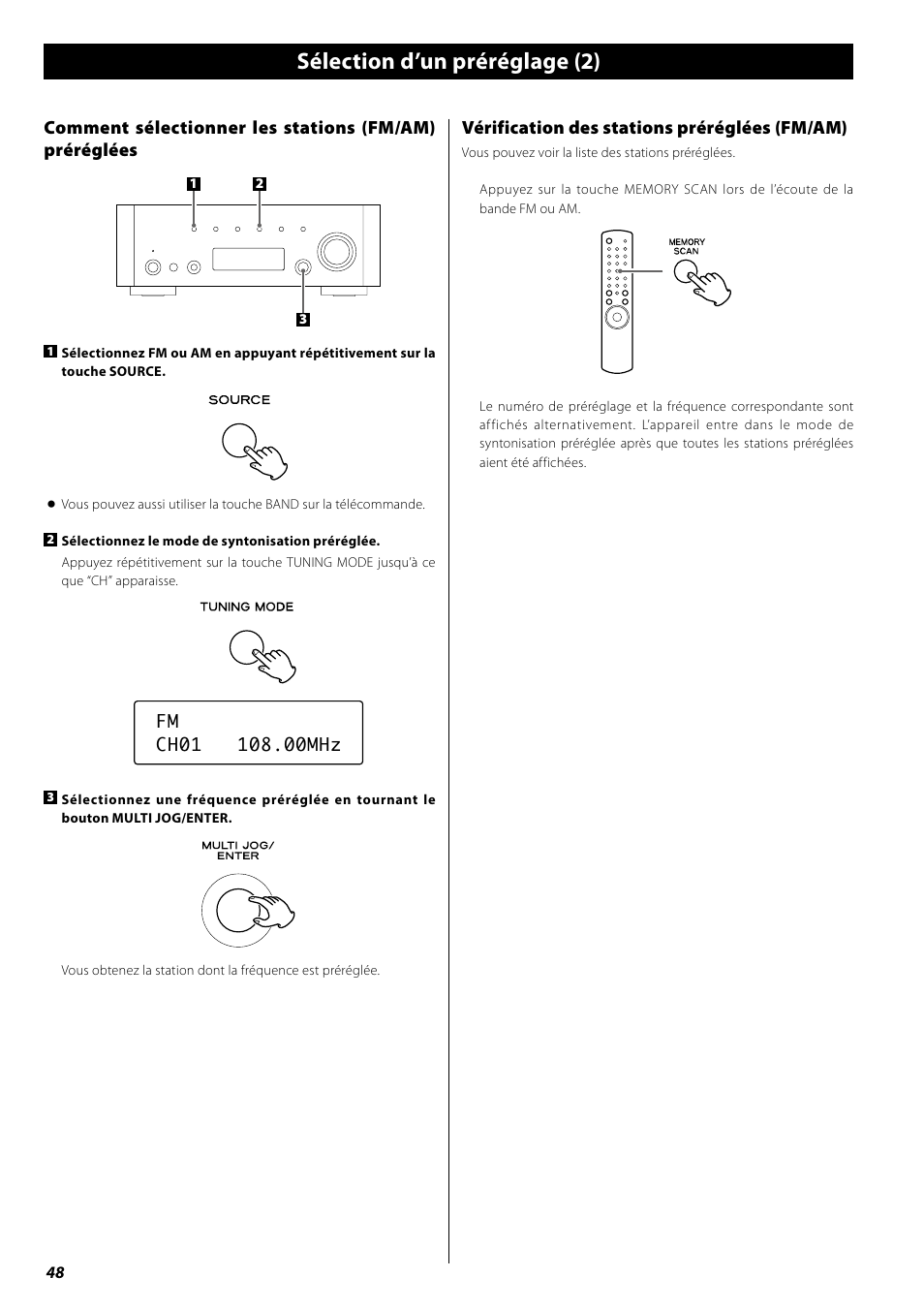 Sélection d’un préréglage (2), Vérification des stations préréglées (fm/am) | Teac AG-H600NT User Manual | Page 48 / 96