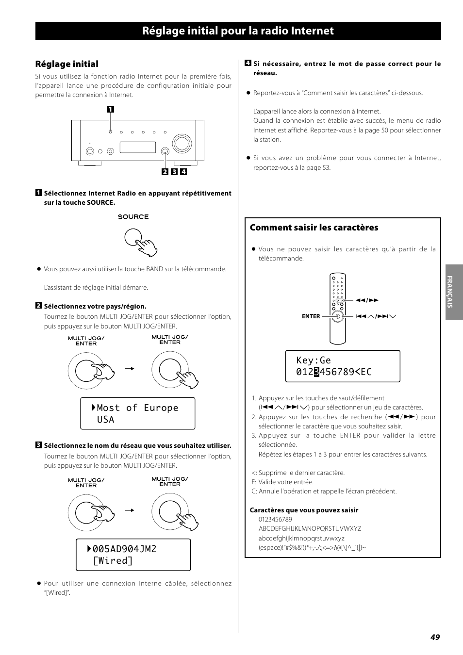 Réglage initial pour la radio internet, Écoute de la radio internet, Réglage initial | Comment saisir les caractères | Teac AG-H600NT User Manual | Page 49 / 96