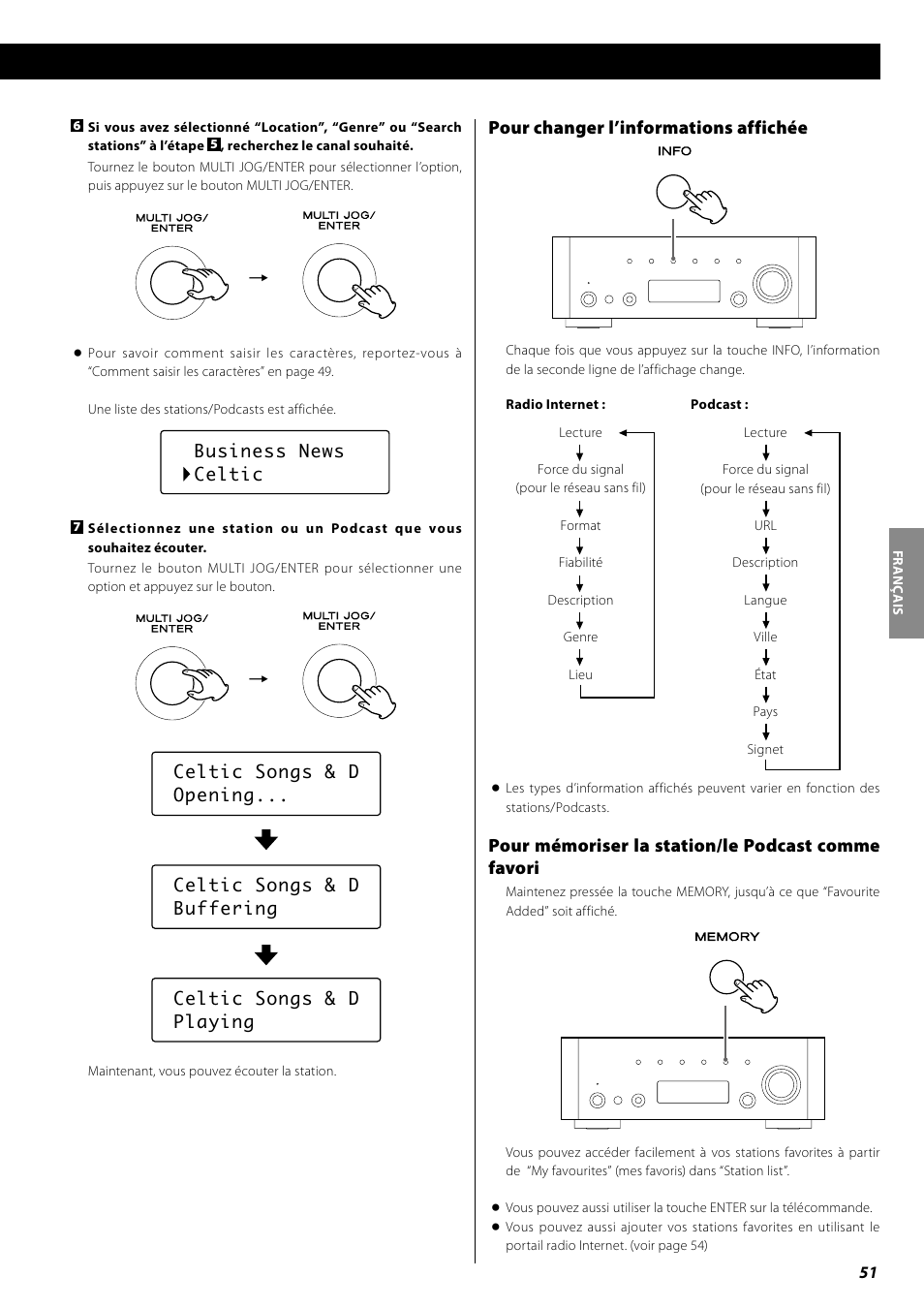 Tpour changer l’informations affichée, Pour mémoriser la station/le podcast comme favori | Teac AG-H600NT User Manual | Page 51 / 96
