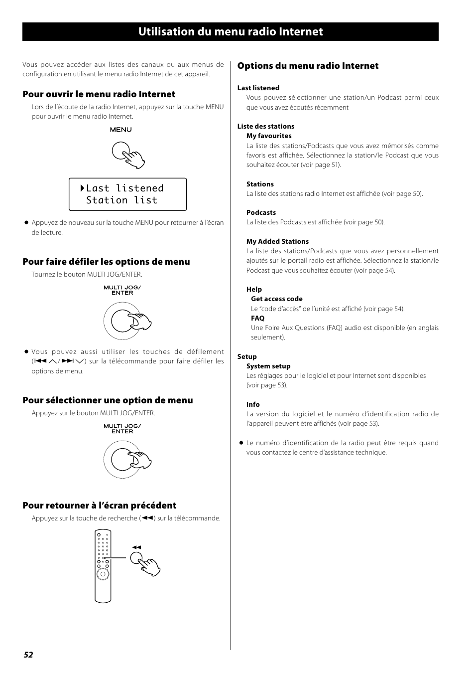 Utilisation du menu radio internet, Pour ouvrir le menu radio internet, Pour faire défiler les options de menu | Pour sélectionner une option de menu, Pour retourner à l’écran précédent, Options du menu radio internet | Teac AG-H600NT User Manual | Page 52 / 96