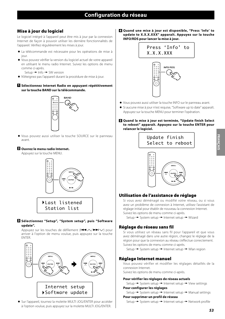 Configuration du réseau, Portail radio, Configuration du lecteur musical | Mise à jour du logiciel, Utilisation de l’assistance de réglage, Réglage du réseau sans fil, Réglage internet manuel | Teac AG-H600NT User Manual | Page 53 / 96