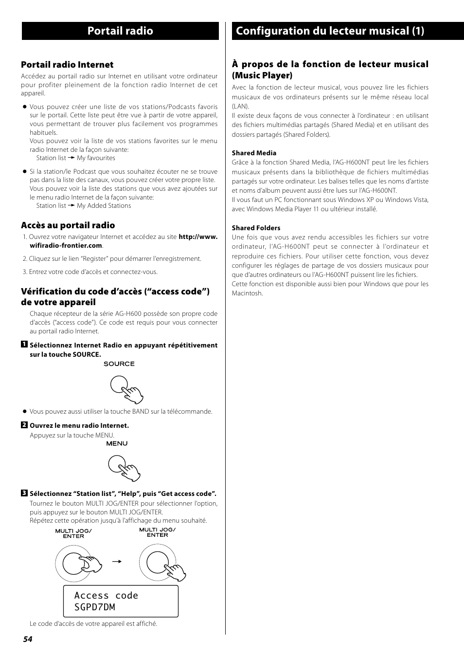 Portail radio, Configuration du lecteur musical (1) | Teac AG-H600NT User Manual | Page 54 / 96