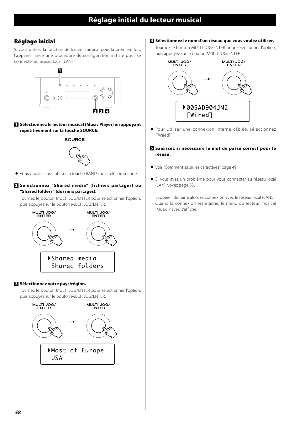 Réglage initial du lecteur musical, Écoute du lecteur musical (fichiers partagés), Réglage initial | Teac AG-H600NT User Manual | Page 58 / 96