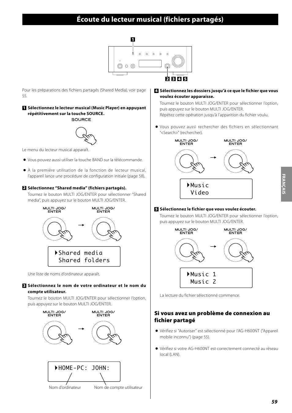 Écoute du lecteur musical (dossiers partagés), Écoute du lecteur musical (fichiers partagés) | Teac AG-H600NT User Manual | Page 59 / 96