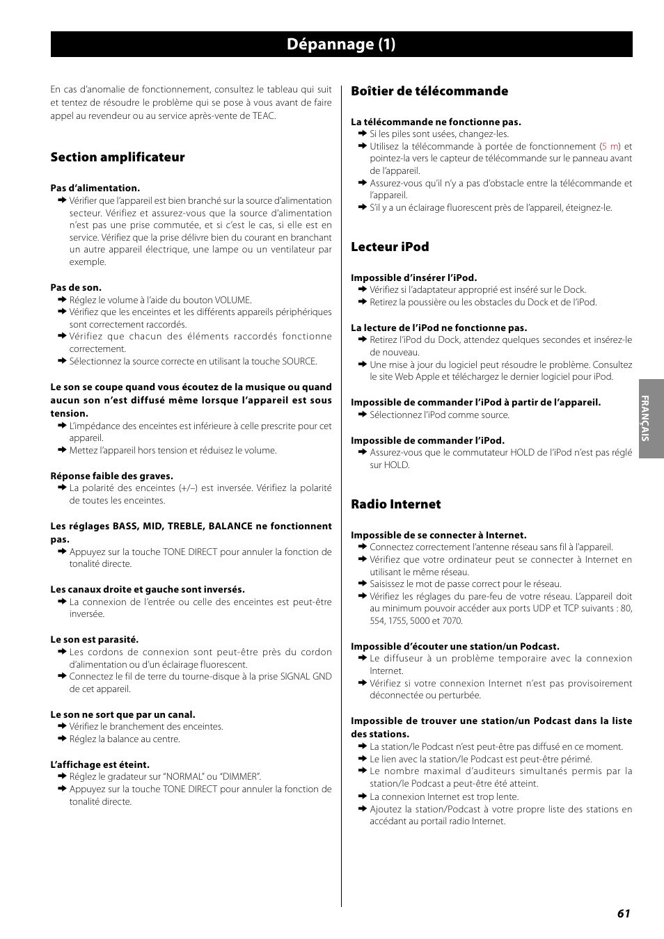 Dépannage, Dépannage (1), Boîtier de télécommande | Lecteur ipod, Radio internet | Teac AG-H600NT User Manual | Page 61 / 96