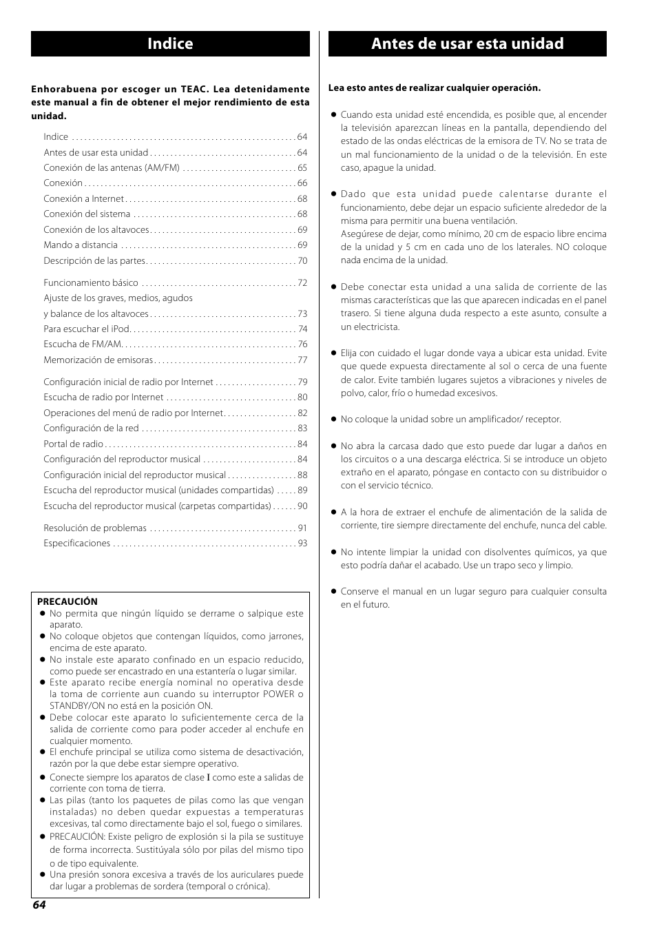 Manual del usuario, Indice, Antes de usar esta unidad | Teac AG-H600NT User Manual | Page 64 / 96