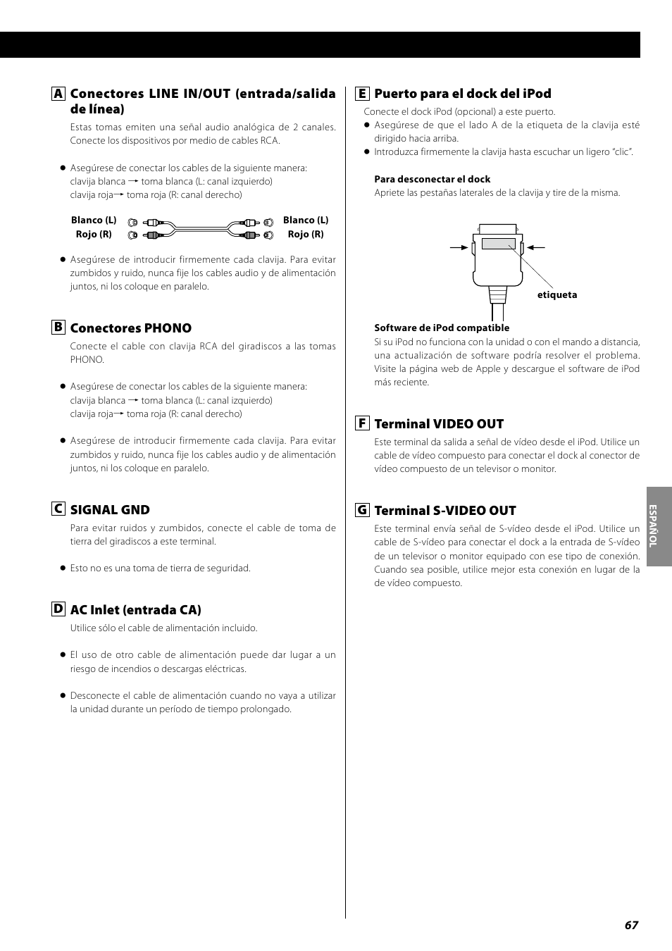 E puerto para el dock del ipod, F terminal video out, G terminal s-video out | A conectores line in/out (entrada/salida de línea), B conectores phono, C signal gnd, D ac inlet (entrada ca) | Teac AG-H600NT User Manual | Page 67 / 96