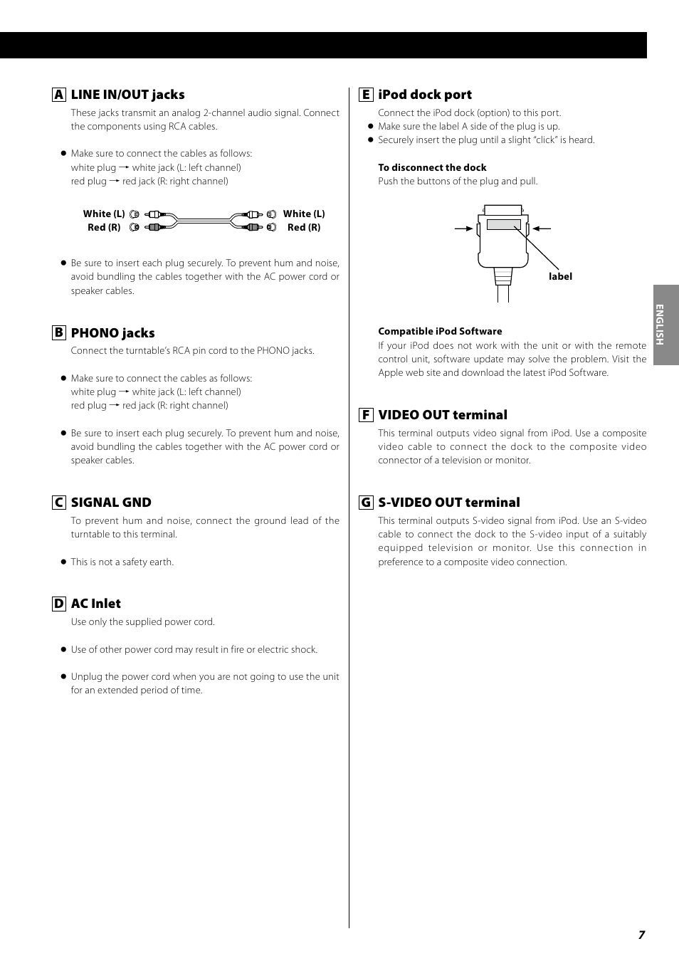 E ipod dock port, F video out terminal, G s-video out terminal | A line in/out jacks, B phono jacks, C signal gnd, D ac inlet | Teac AG-H600NT User Manual | Page 7 / 96