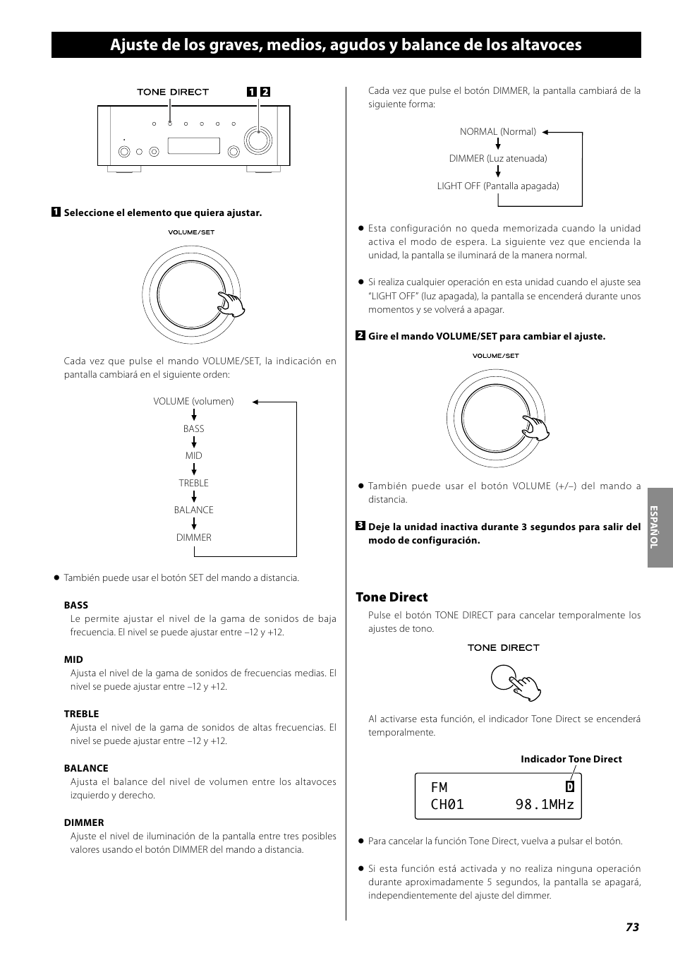 Para escuchar el ipod, Tone direct | Teac AG-H600NT User Manual | Page 73 / 96