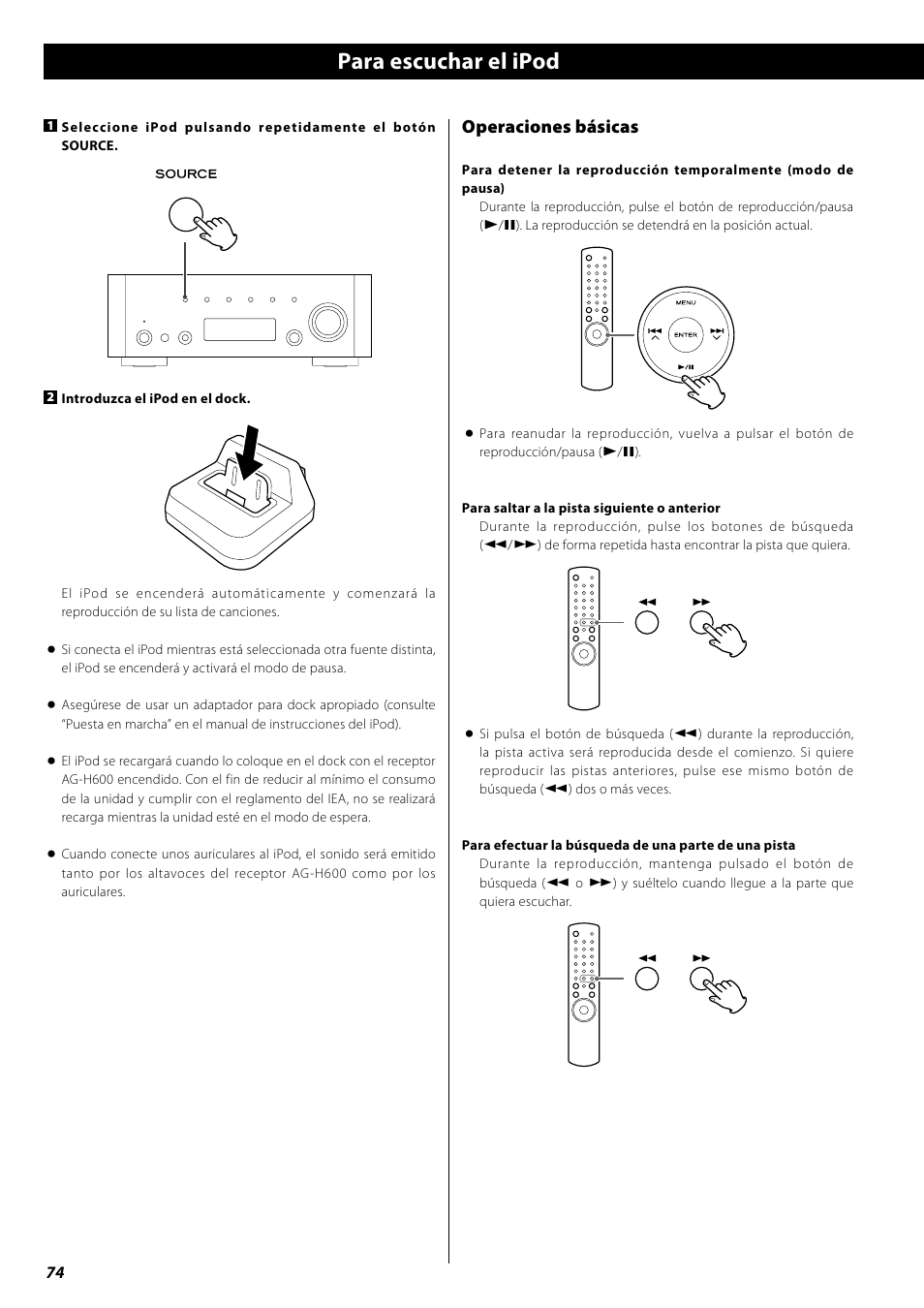 Para escuchar el ipod, Operaciones básicas | Teac AG-H600NT User Manual | Page 74 / 96