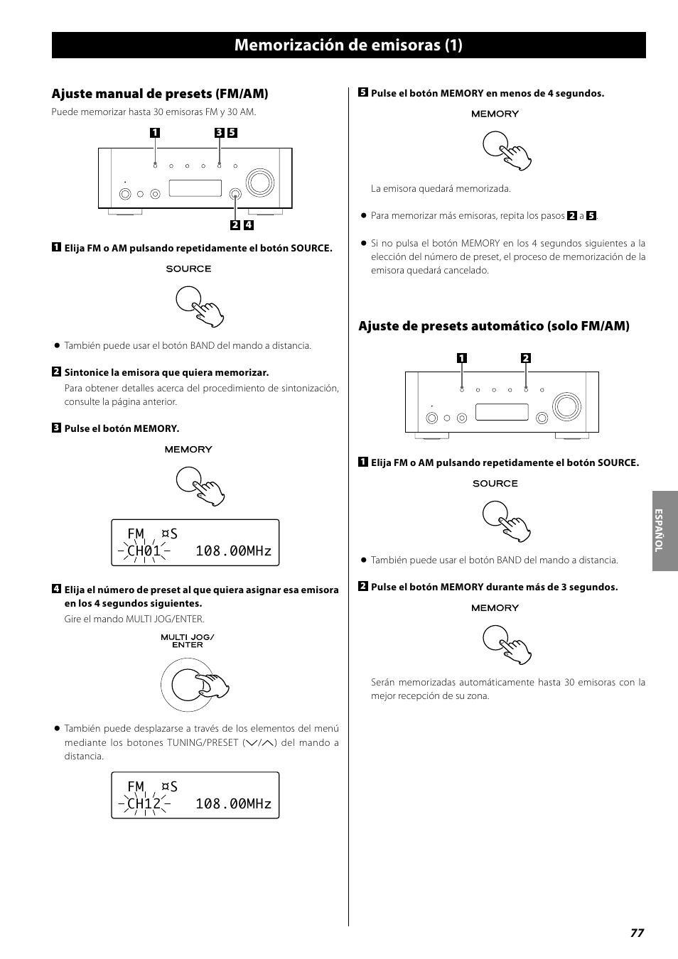 Ajuste de presets automático (solo fm/am), Ajuste manual de presets (fm/am) | Teac AG-H600NT User Manual | Page 77 / 96