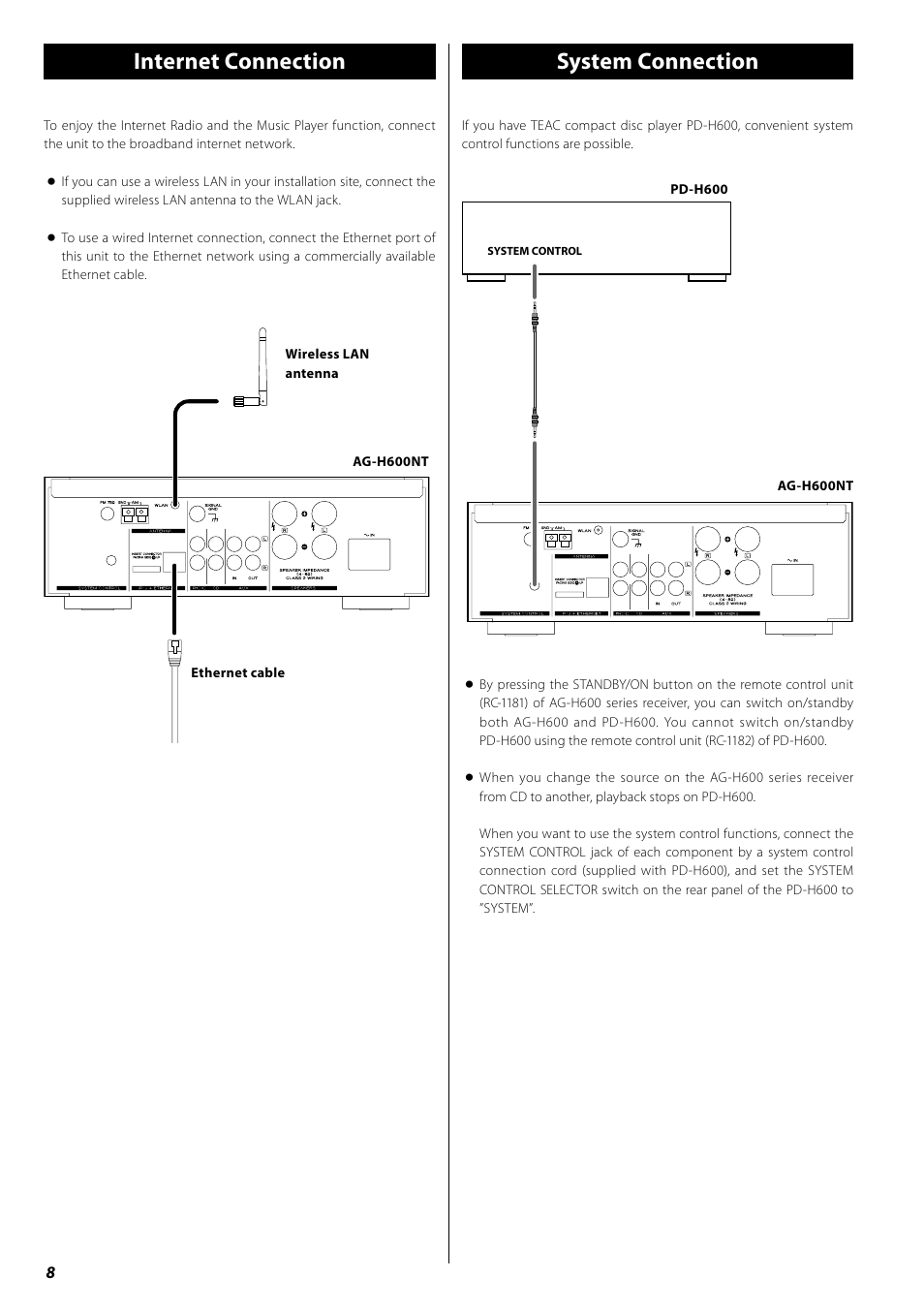 Internet connection, System connection, System connection internet connection | Teac AG-H600NT User Manual | Page 8 / 96