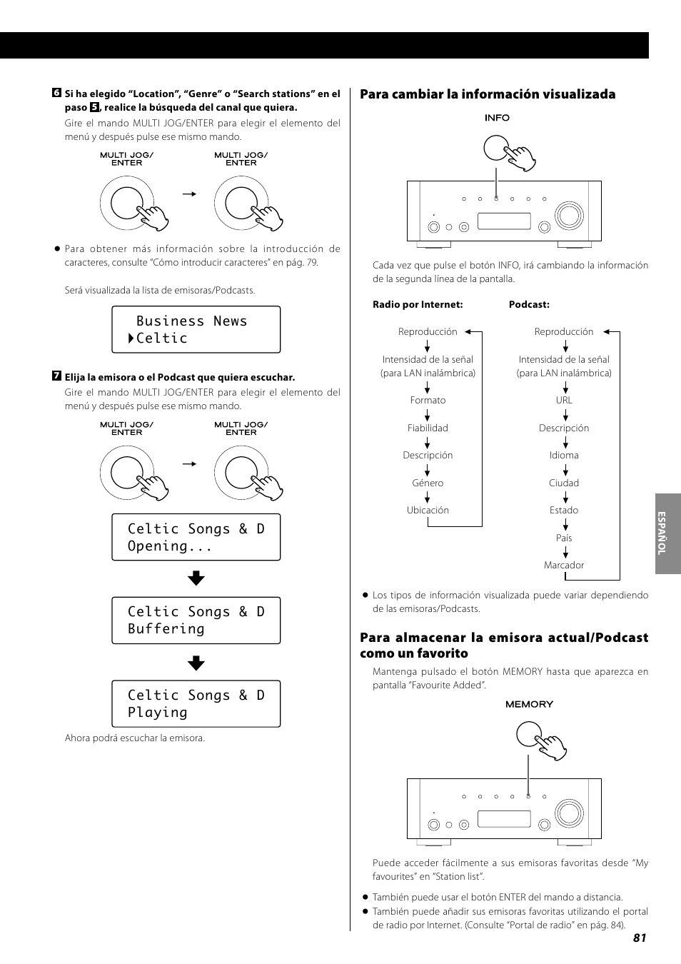 Operaciones del menú de radio por internet, Para cambiar la información visualizada | Teac AG-H600NT User Manual | Page 81 / 96