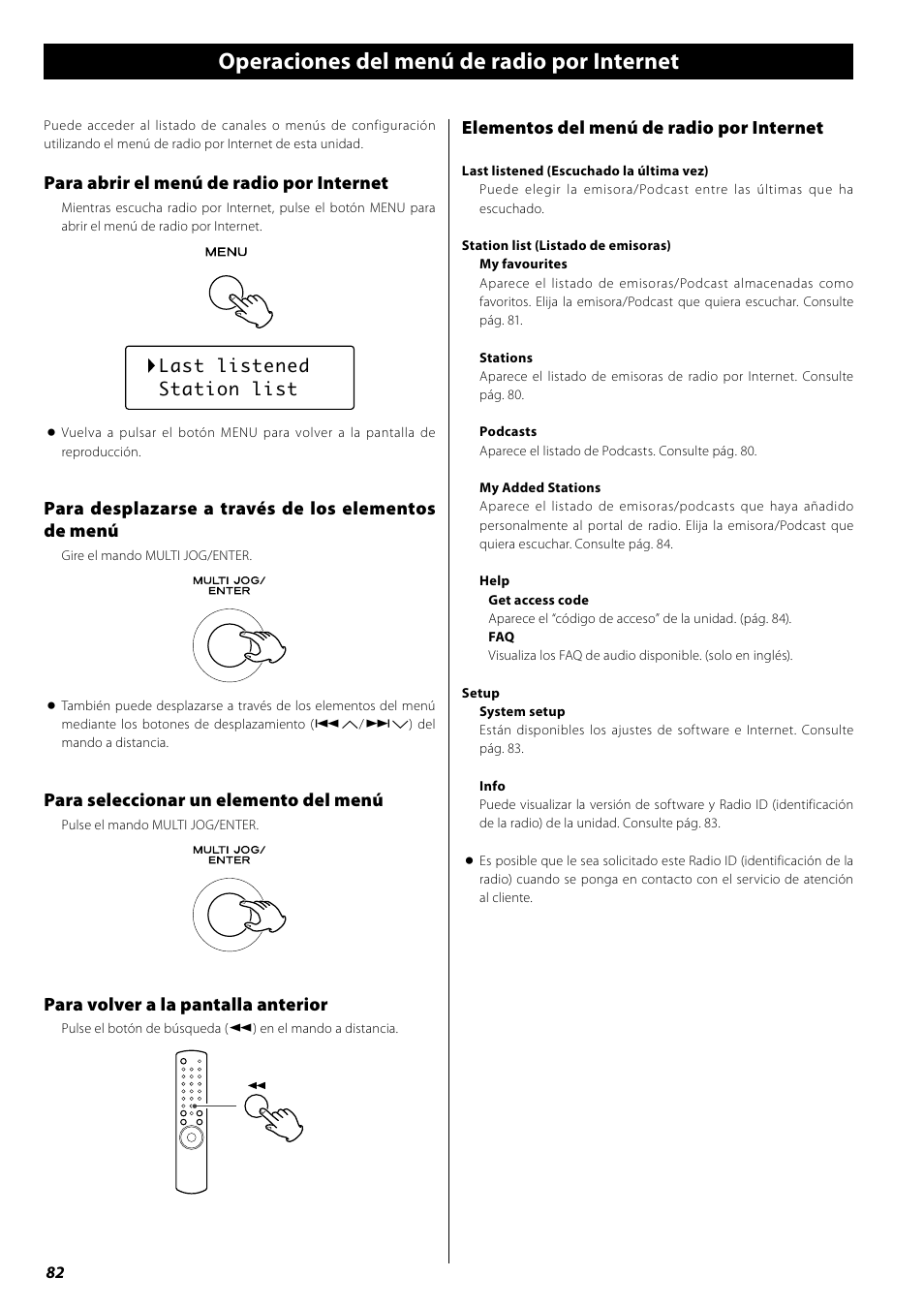 Configuración de la red, Operaciones del menú de radio por internet, Para abrir el menú de radio por internet | Para desplazarse a través de los elementos de menú, Para seleccionar un elemento del menú, Para volver a la pantalla anterior, Elementos del menú de radio por internet | Teac AG-H600NT User Manual | Page 82 / 96