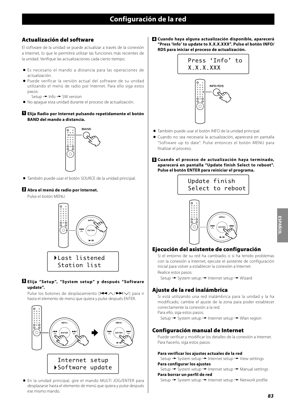 Portal de radio, Configuración del reproductor musical, Configuración de la red | Actualización del software, Ejecución del asistente de configuración, Ajuste de la red inalámbrica, Configuración manual de internet | Teac AG-H600NT User Manual | Page 83 / 96