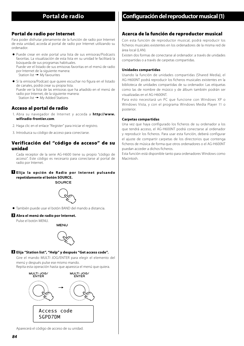 Portal de radio, Configuración del reproductor musical (1), Portal de radio por internet | Acceso al portal de radio, Verificación del “código de acceso” de su unidad, Acerca de la función de reproductor musical | Teac AG-H600NT User Manual | Page 84 / 96