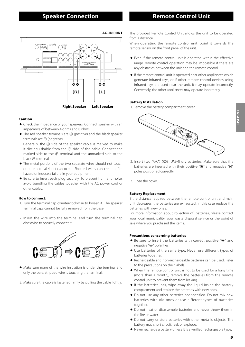 Speaker connection, Remote control unit, Remote control unit speaker connection | Teac AG-H600NT User Manual | Page 9 / 96