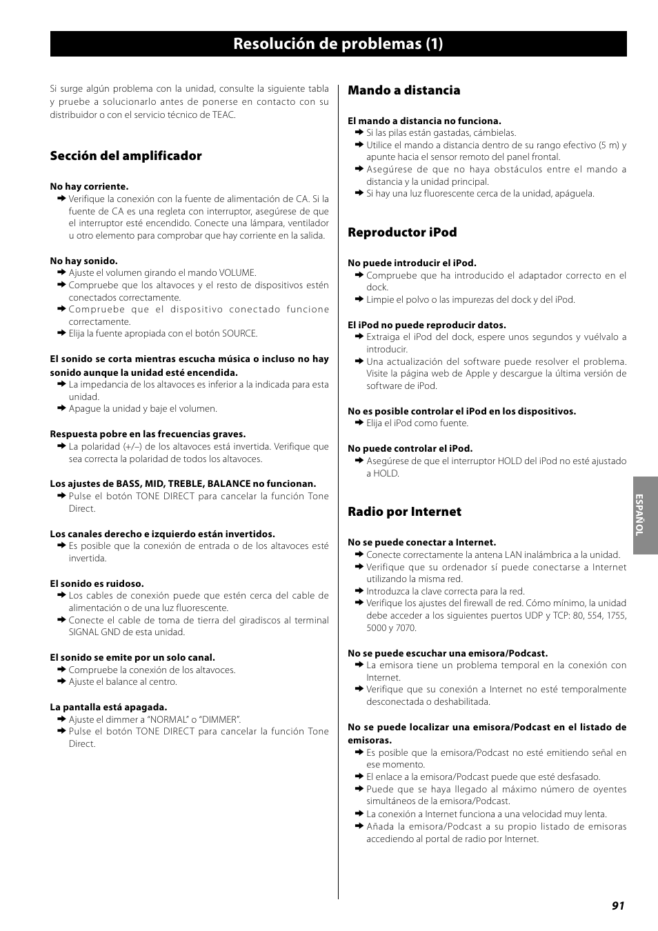 Resolución de problemas, Resolución de problemas (1), Sección del amplificador | Mando a distancia, Reproductor ipod, Radio por internet | Teac AG-H600NT User Manual | Page 91 / 96