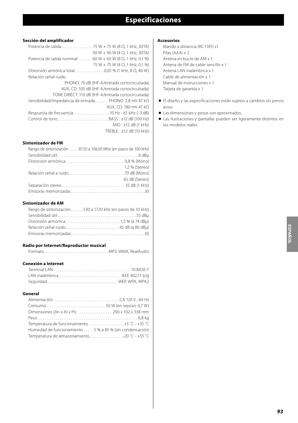 Especificaciones | Teac AG-H600NT User Manual | Page 93 / 96