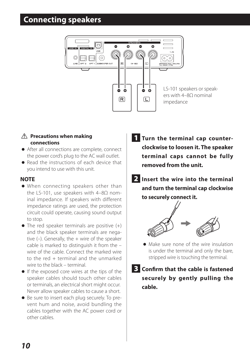 Connecting speakers, 10 connecting speakers | Teac AI-101DA User Manual | Page 10 / 76