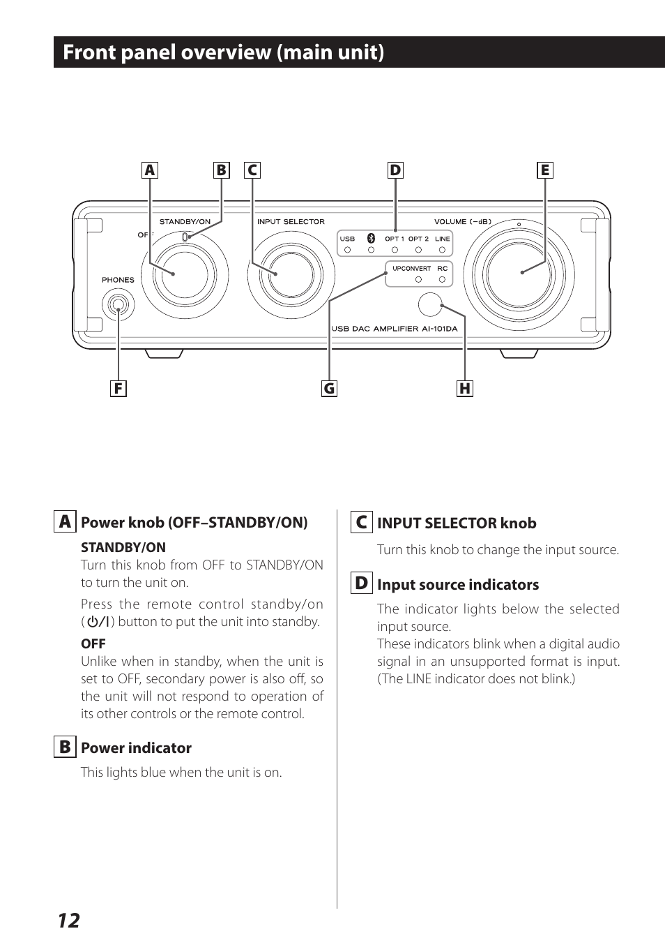 Front panel overview (main unit), 12 front panel overview (main unit) | Teac AI-101DA User Manual | Page 12 / 76