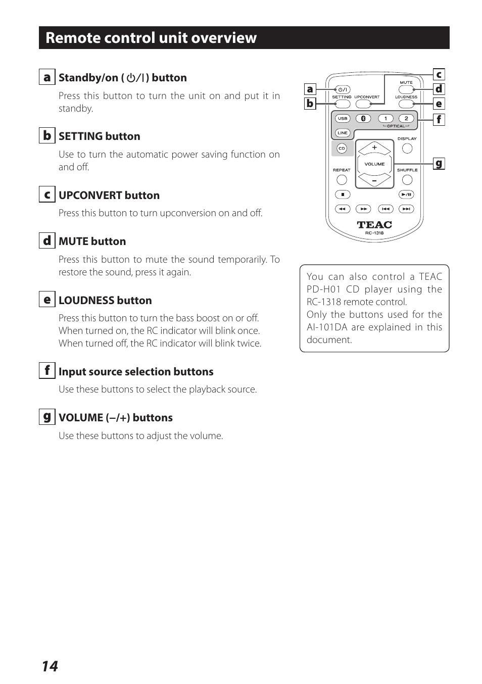 Remote control unit overview | Teac AI-101DA User Manual | Page 14 / 76