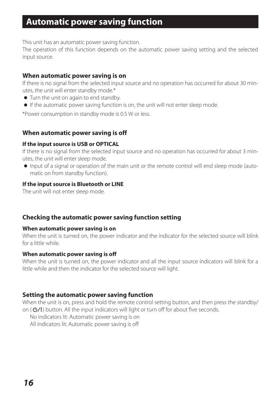 Automatic power saving function | Teac AI-101DA User Manual | Page 16 / 76