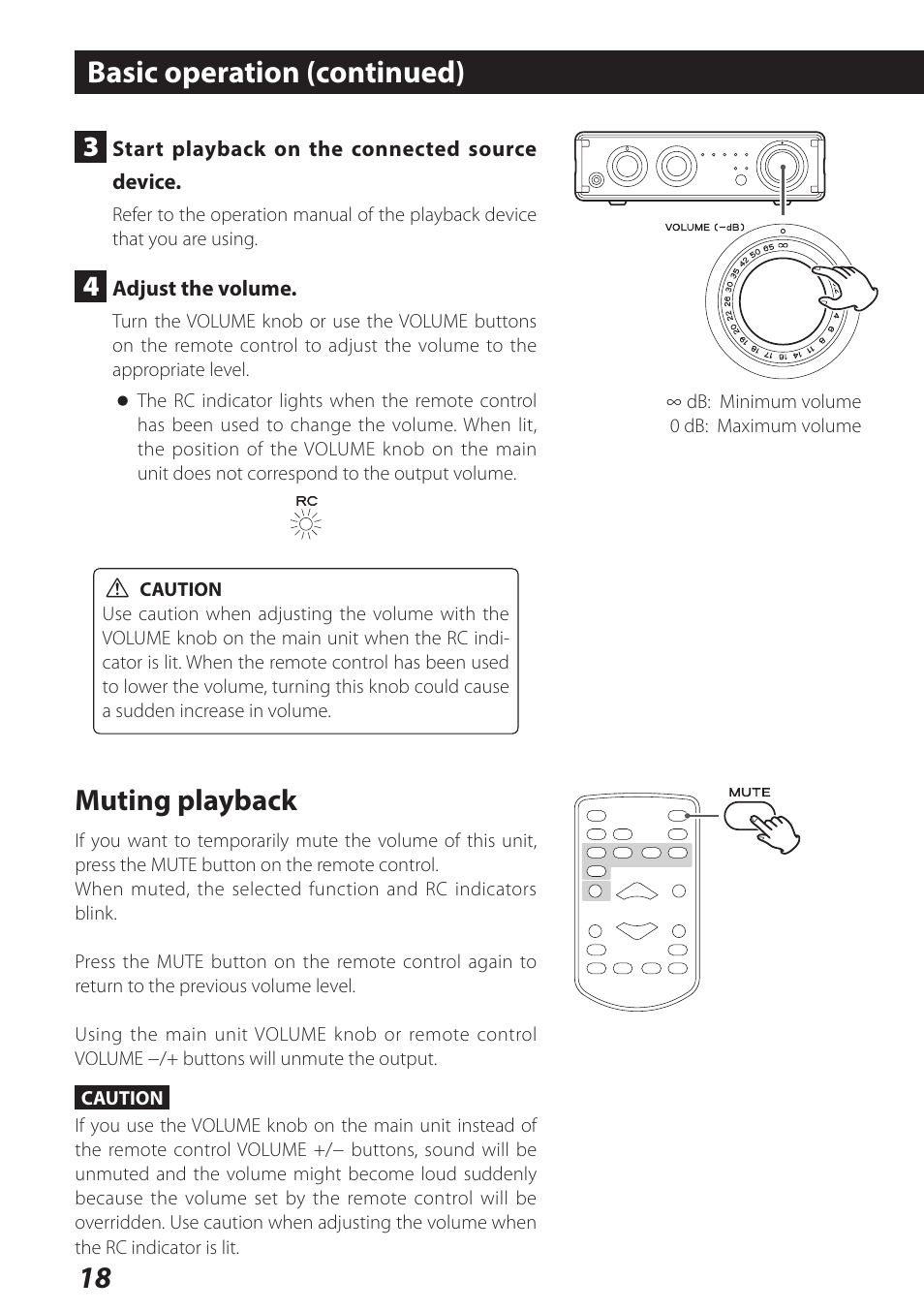 Basic operation (continued), Muting playback | Teac AI-101DA User Manual | Page 18 / 76