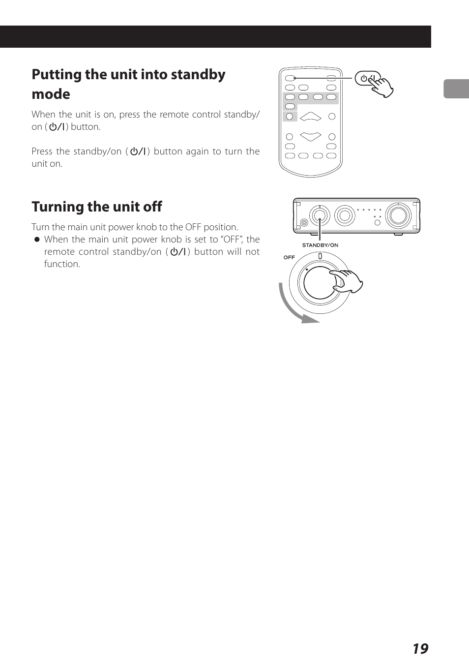 Putting the unit into standby mode, Turning the unit off | Teac AI-101DA User Manual | Page 19 / 76