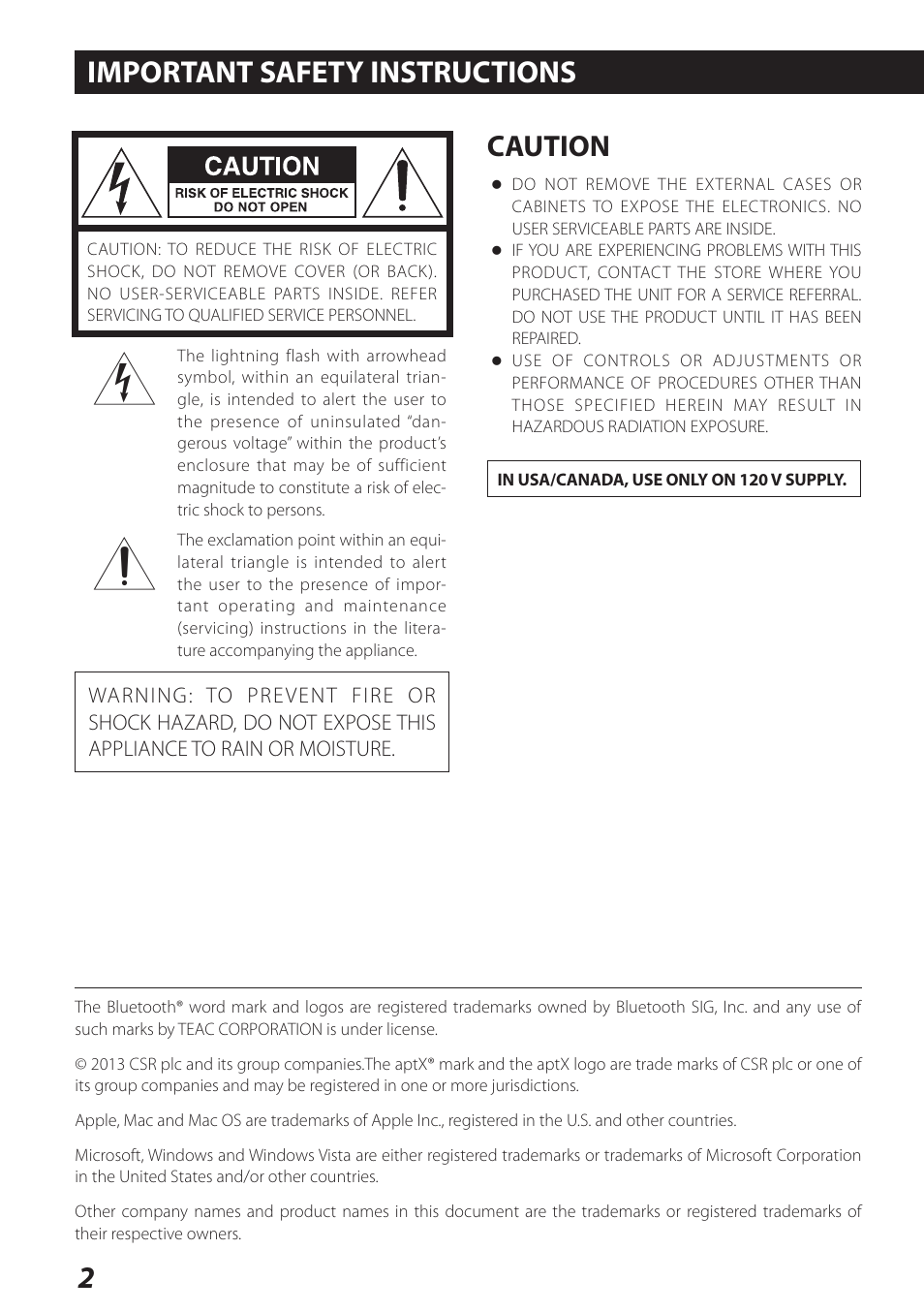 English, Important safety instructions, Caution | Teac AI-101DA User Manual | Page 2 / 76