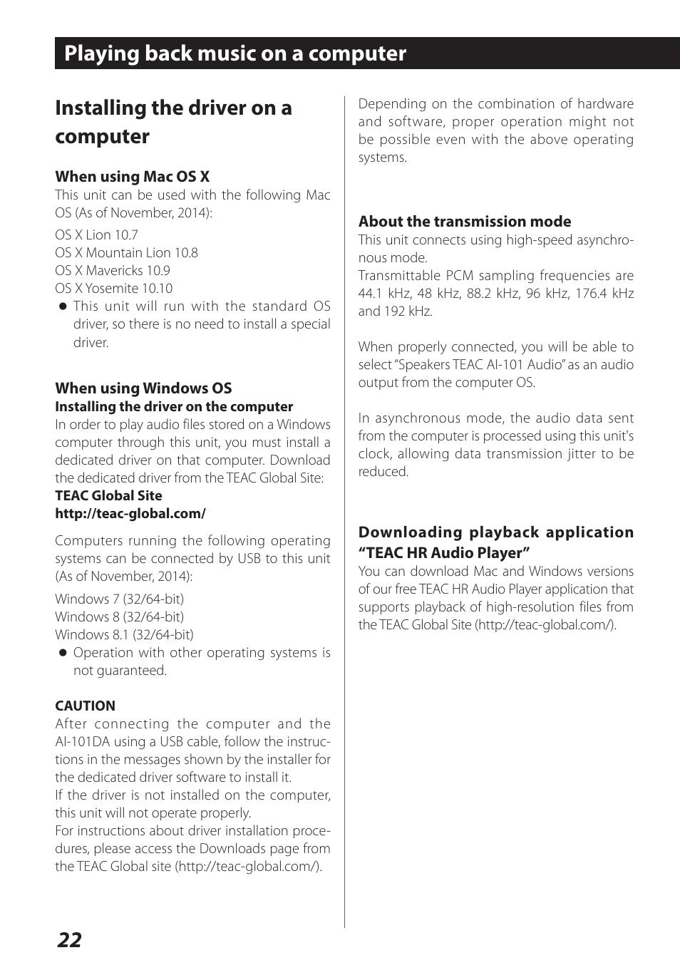 Playing back music on a computer, 22 playing back music on a computer, Installing the driver on a computer | Teac AI-101DA User Manual | Page 22 / 76