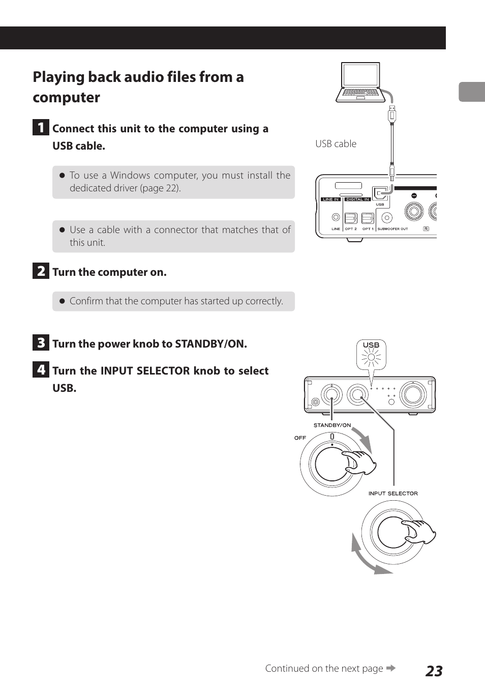 Playing back audio files from a computer | Teac AI-101DA User Manual | Page 23 / 76