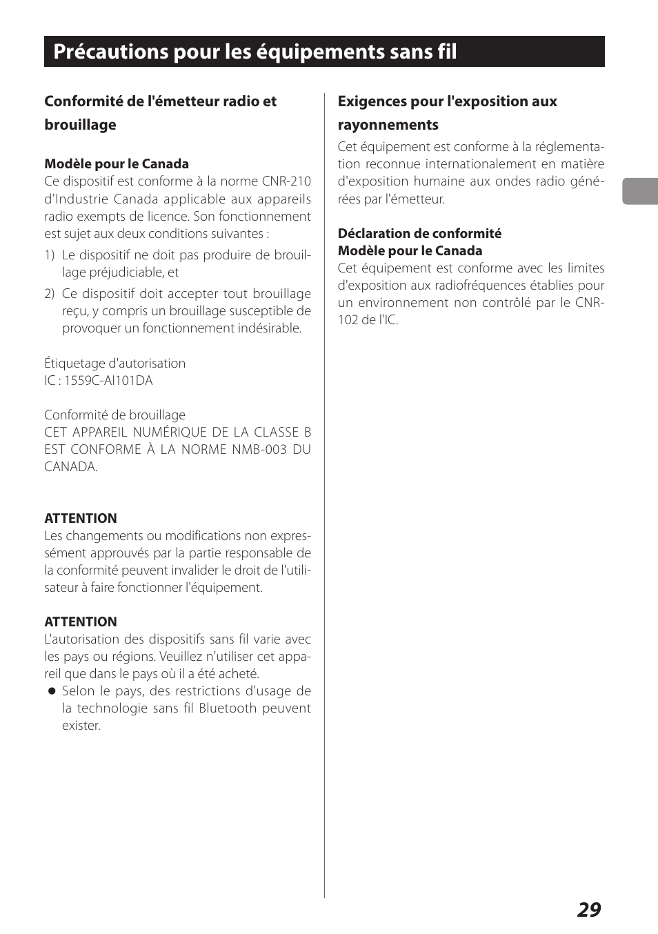 Précautions pour les équipements sans fil | Teac AI-101DA User Manual | Page 29 / 76