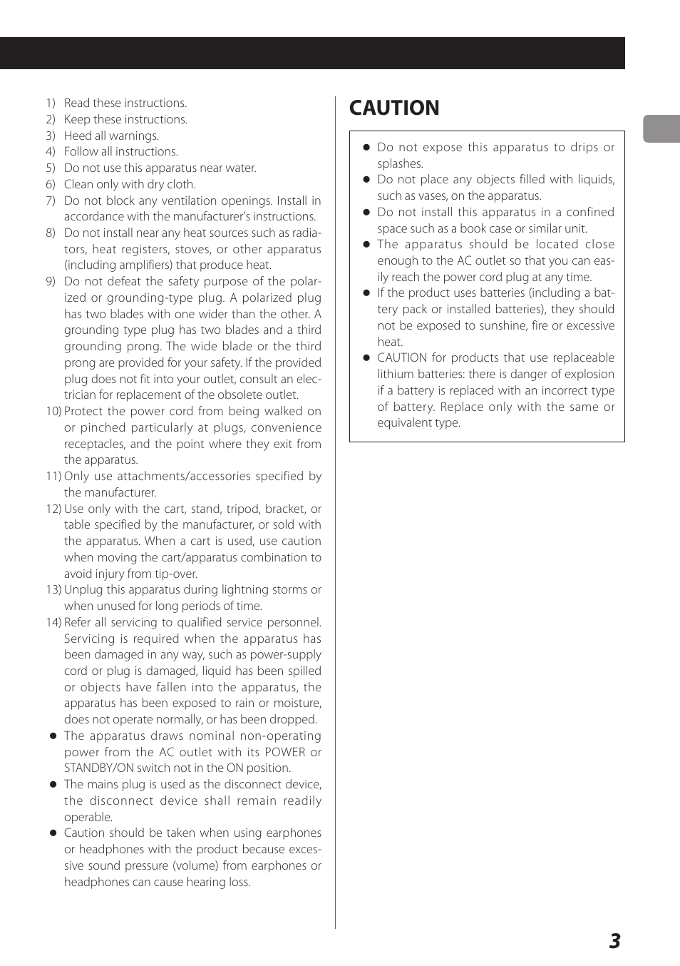 Caution | Teac AI-101DA User Manual | Page 3 / 76