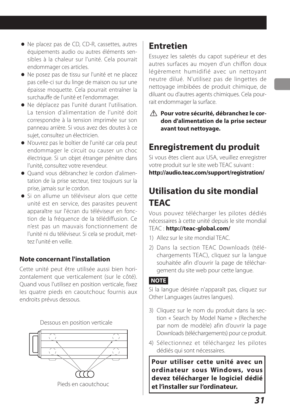 Utilisation du site mondial teac, Entretien, Enregistrement du produit | Teac AI-101DA User Manual | Page 31 / 76