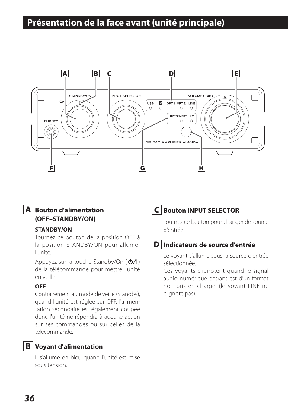 Présentation de la face avant (unité principale) | Teac AI-101DA User Manual | Page 36 / 76